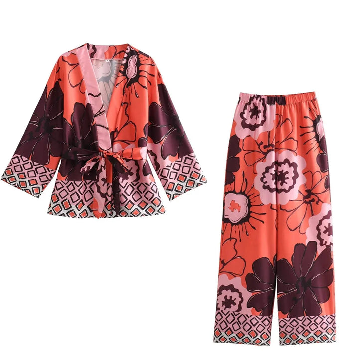 ELYRA™ | Floral Kimono Set & Wide Leg Trousers